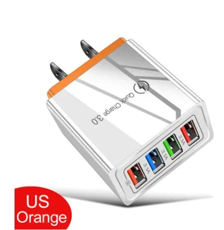 4-port USB mobile phone charger with illuminated indicators in multiple colour options