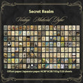 Retro style sticker collection showing 4cm by 6cm dimensions with Secret Land colour design