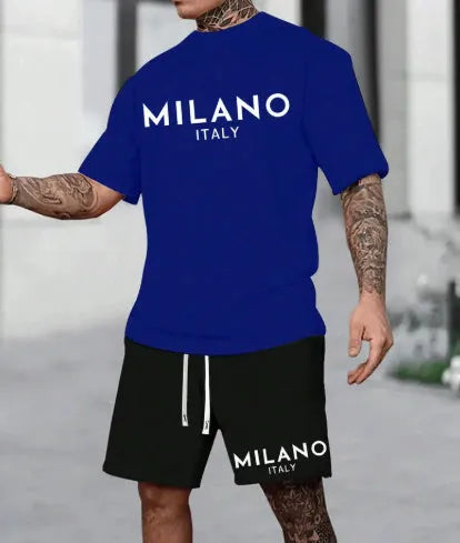 Men's polyester short sleeve suit with round neck shirt and matching shorts in blue colour