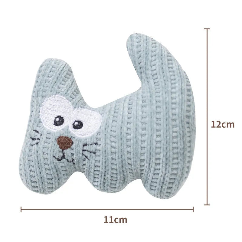 Cyan and light coffee coloured plush cat toys with bells and catnip, measuring 12 by 11 cm.