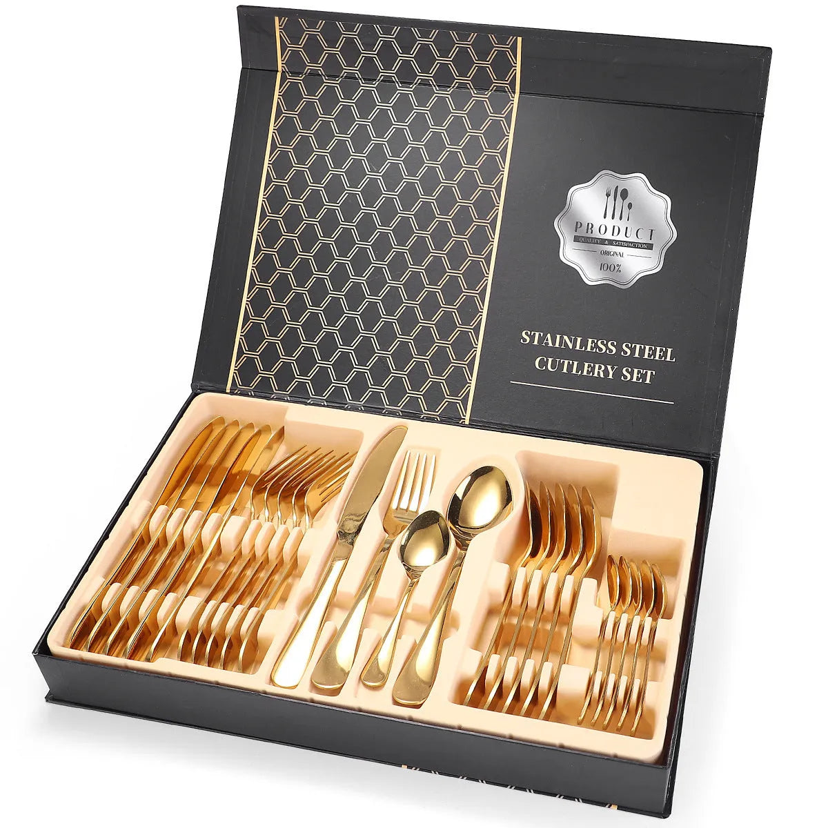 24 piece 18/10 stainless steel cutlery set with knife fork and spoon in black finish