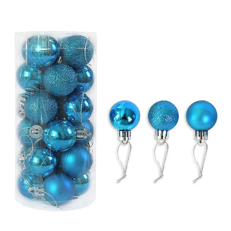 Assortment of 3cm shiny matte Christmas ball decorations in gold, red, silver, blue, and pink colours.