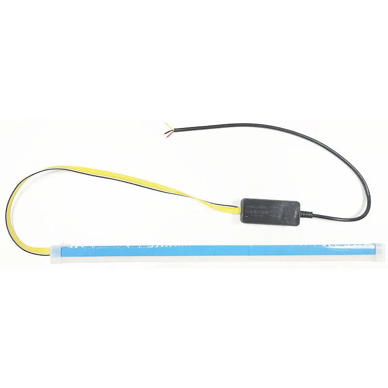 Flexible silicone car LED strip for daytime running lights and animated turn signals on a vehicle headlight.