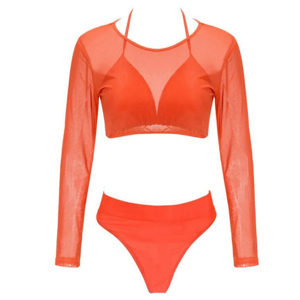 Women's orange solid high waist see-through bikini set with wire-free top and removable pads