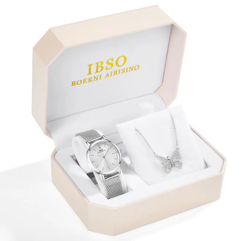Rhinestone butterfly necklace quartz watch with round dial, alloy strap, and pin buckle