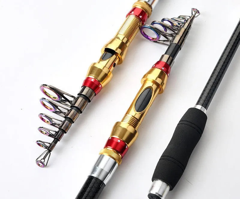 Carbon fibre telescopic spinning fishing rod with metal handle, extended, on a boat deck.