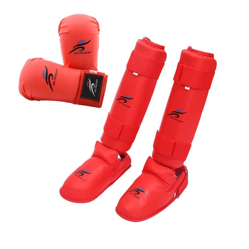 Red and blue karate taekwondo protective gear set with leg guards, boxing gloves, and helmet