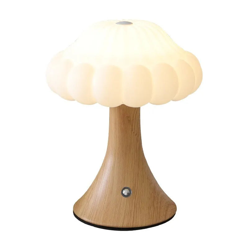 Creative mushroom-shaped touch night lamp in wood grain, white, cream, grey, or black colour options