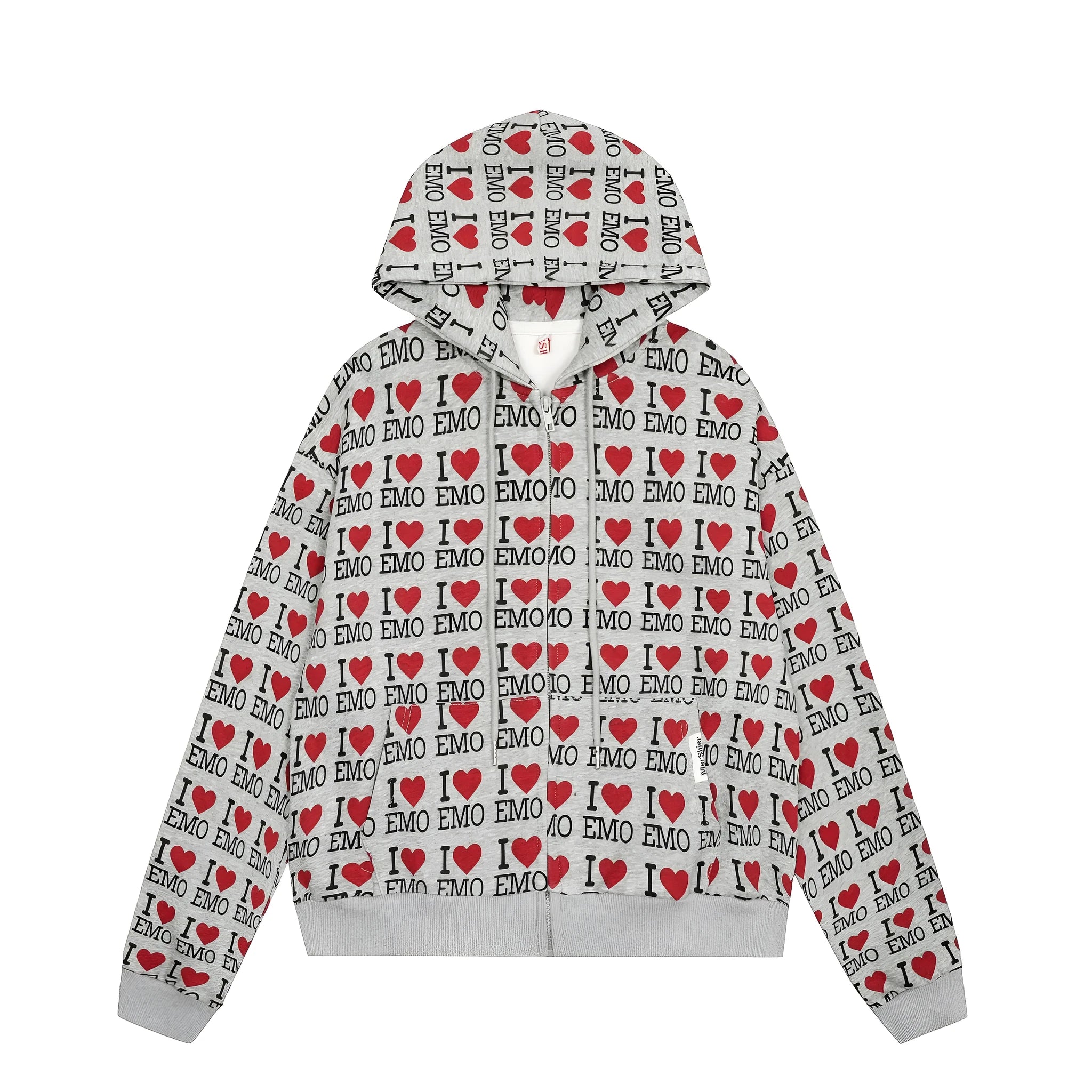 Women's mixed grey cotton hooded cardigan with a retro autumn pattern and long sleeves.