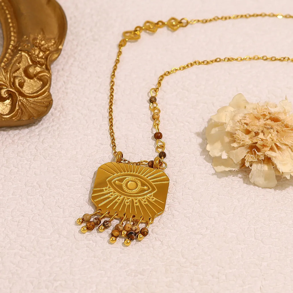 Gold titanium steel square pendant necklace with evil eye and natural stone detail, 41-50cm chain