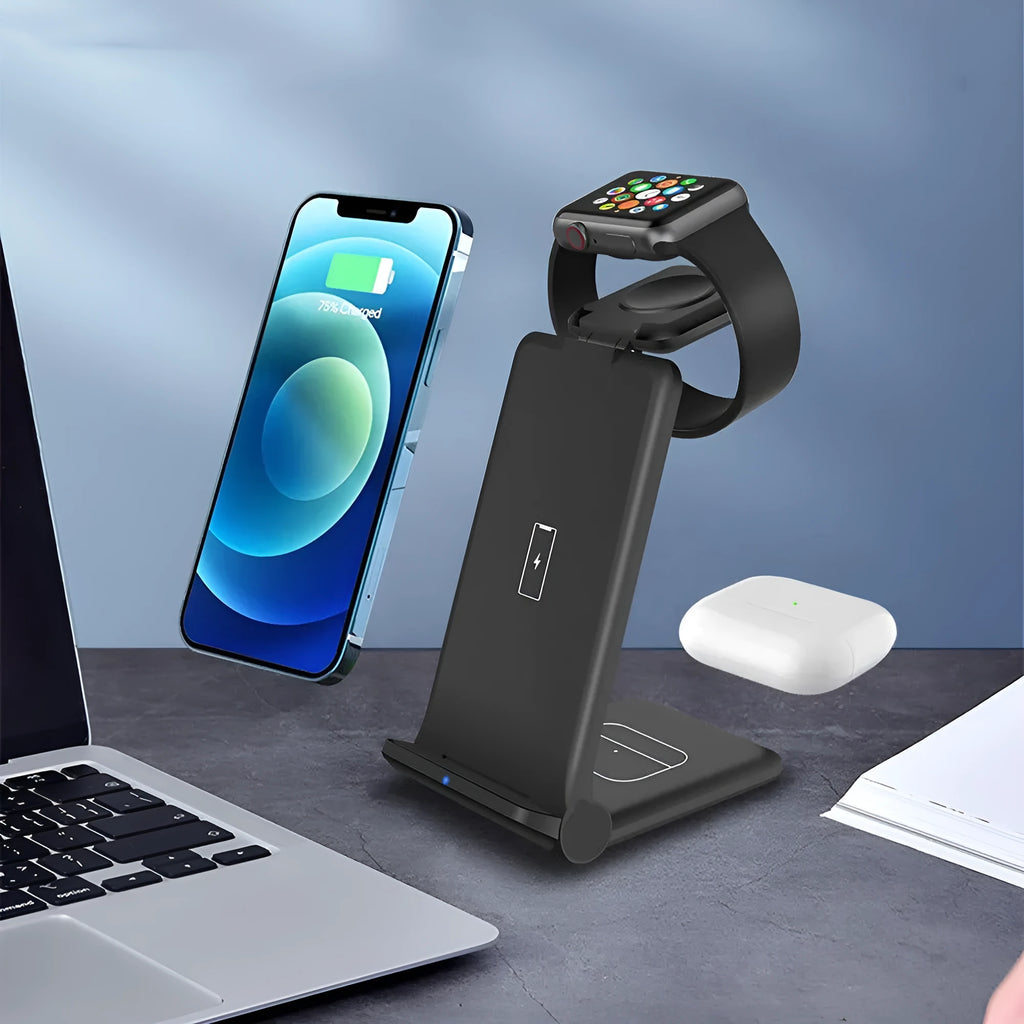 Black and white 3-in-1 foldable wireless charging station for iPhone, Samsung phone, AirPods, and Apple Watch.