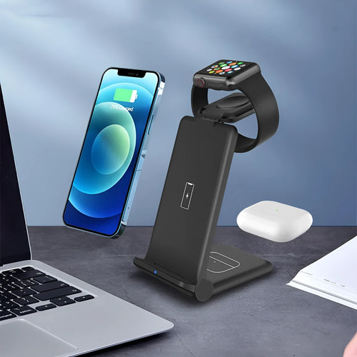 Black and white 3-in-1 foldable wireless charging station for iPhone, Samsung phone, AirPods, and Apple Watch.