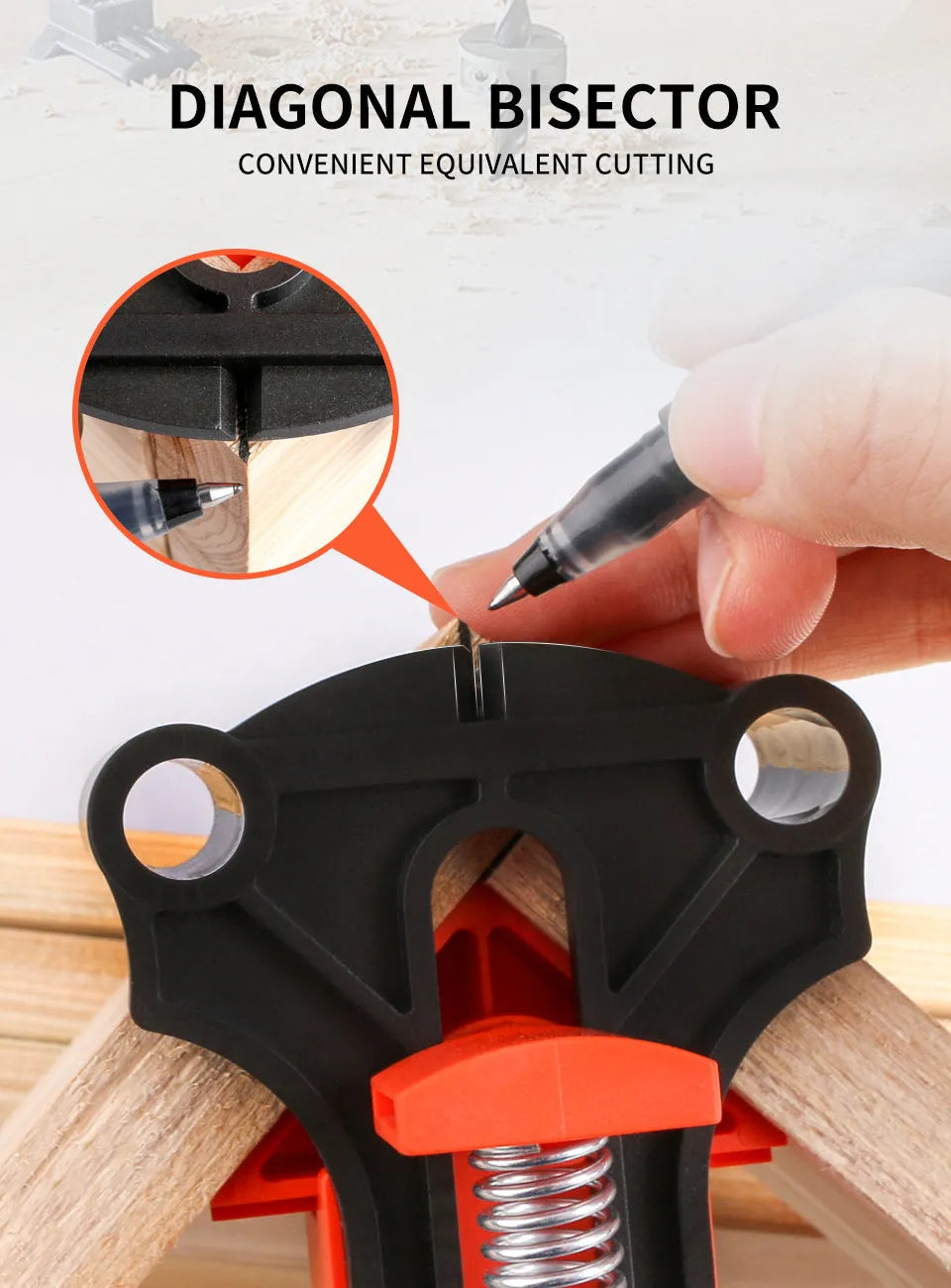 Set of four white plastic right angle clamps for picture frame assembly on a wooden surface.