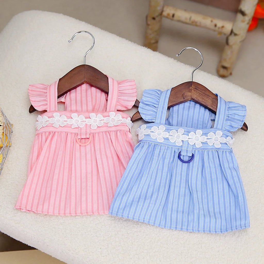 Pink and blue stripe vertical stripe princess style dog dress on female dog