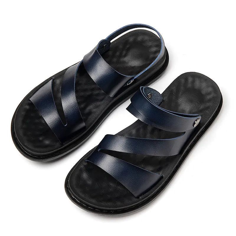 Men's casual outdoor driving dual-purpose leather beach sandals with anti-slip PU sole in black