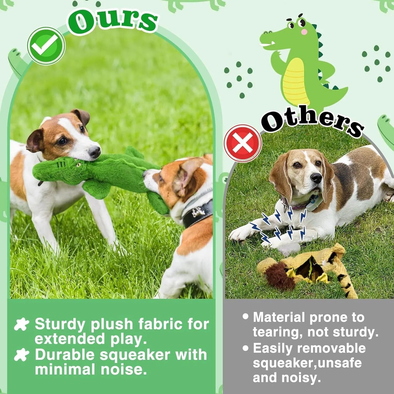 Green crocodile plush dog toy with squeaker and crinkle paper, no stuffing, for aggressive chewers.