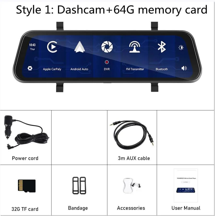 9.66-inch in-mirror driving recorder and video player mounted in a car