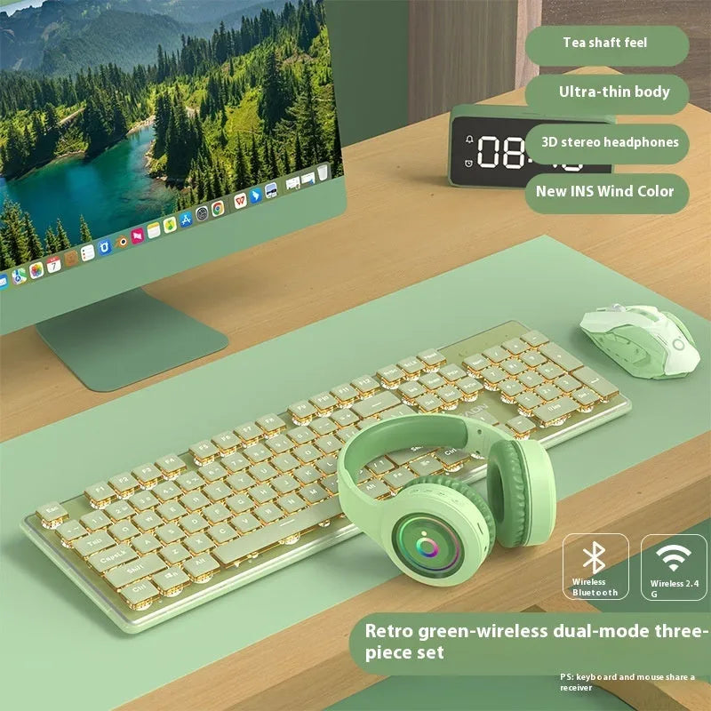 Prewalker V3 wired mute keyboard and mouse suit in retro green colour on a desk