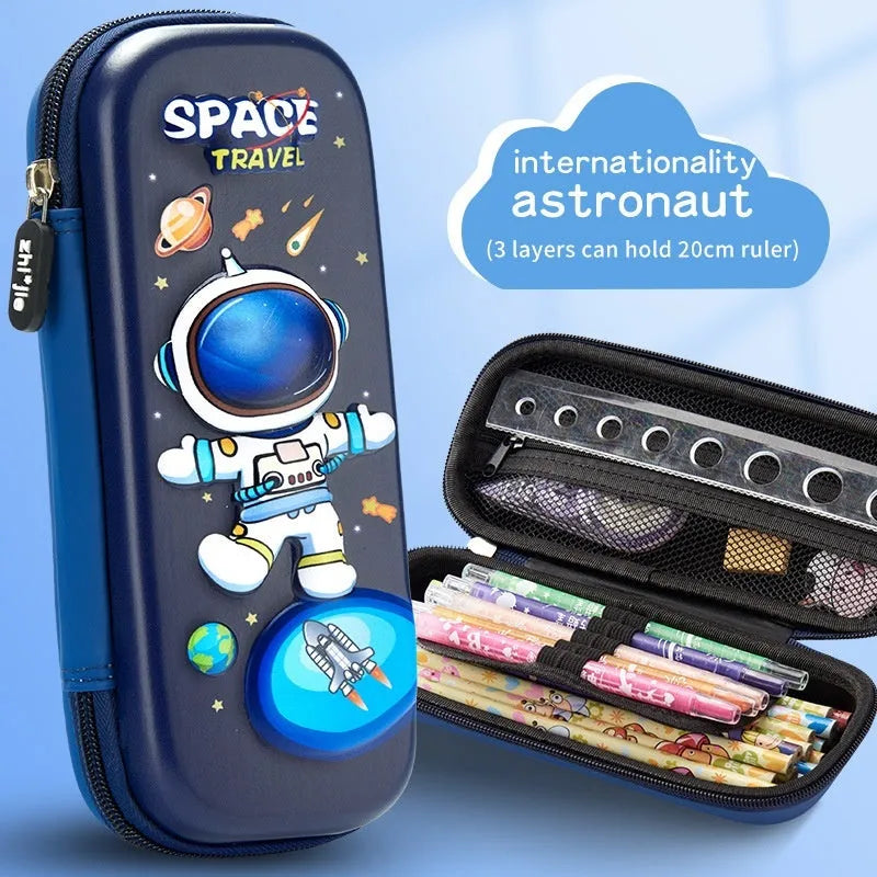 3D leather pencil case with astronaut pattern design showing textured surface and structured box shape