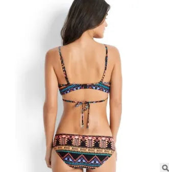 Women's ethnic print bikini with chest cross straps and removable pads in picture colour