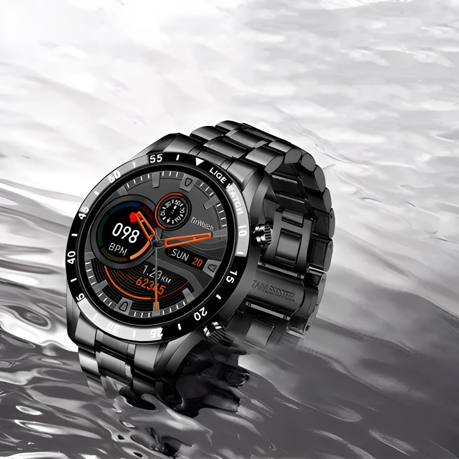 Smart watch with stainless steel wristband and 1.3-inch touch screen display showing step count