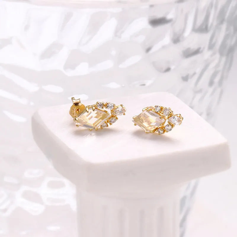 Simple geometric natural white crystal earrings in 925 silver with electroplated finish