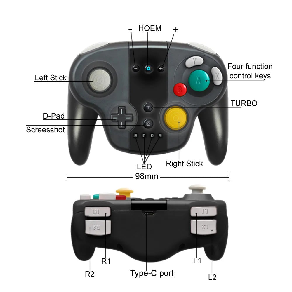 Black wireless Bluetooth gamepad for Nintendo Switch and PC with analogue sticks and face buttons.