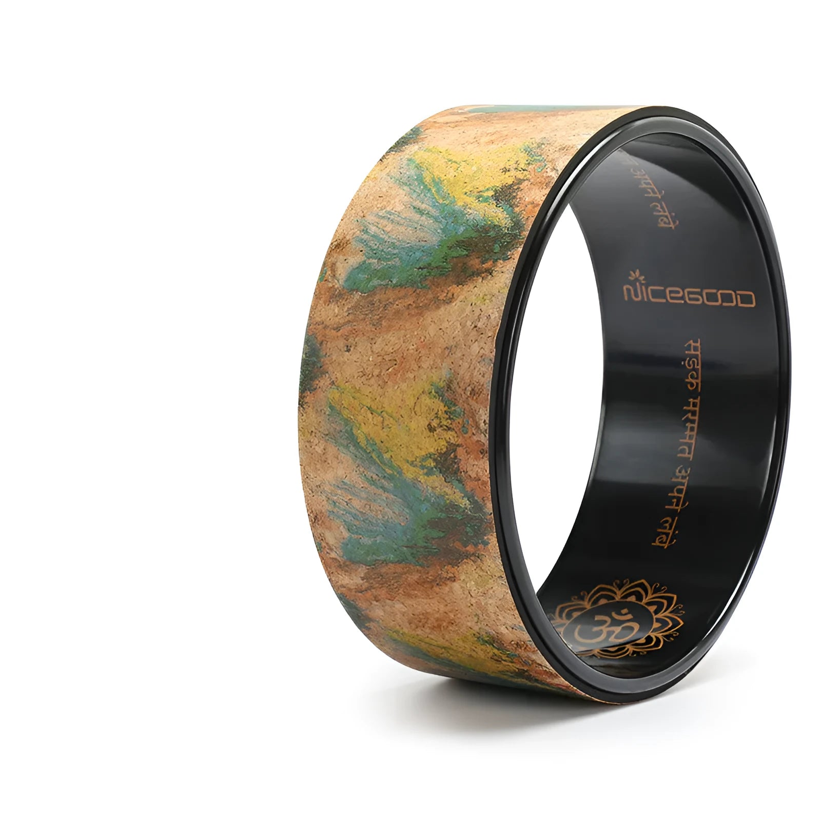 Cork yoga wheel 32cm diameter natural cork surface black colour for spinal support and backbends