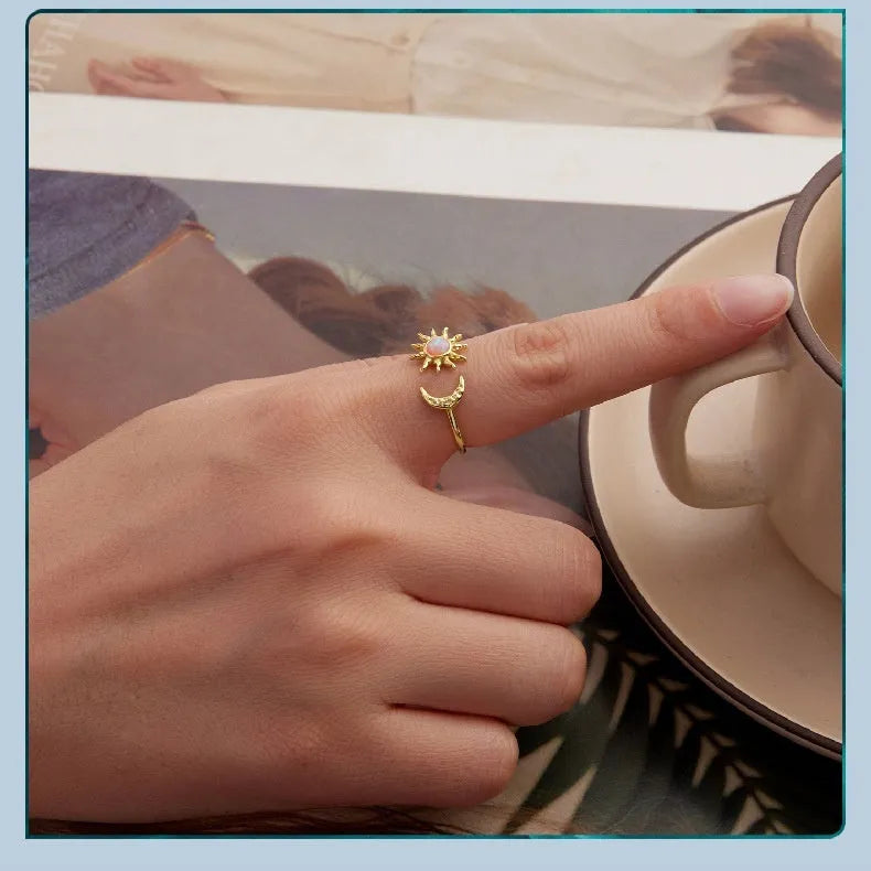 Silver adjustable opening ring for women with Sun Moon electroplated design in BSR686-E colour