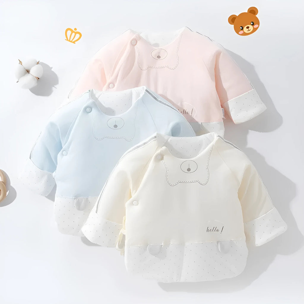 Hani bear pink cotton half-back baby top for newborns winter round neck
