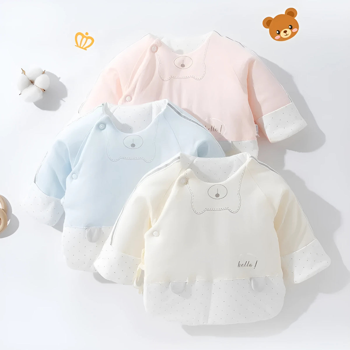 Hani bear pink cotton half-back baby top for newborns winter round neck