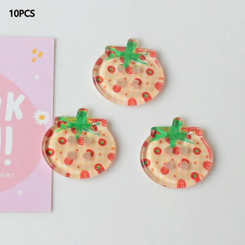 Plastic tomato button ornaments in cherry tomato printing, red plaid, solid red, and mixed colour designs
