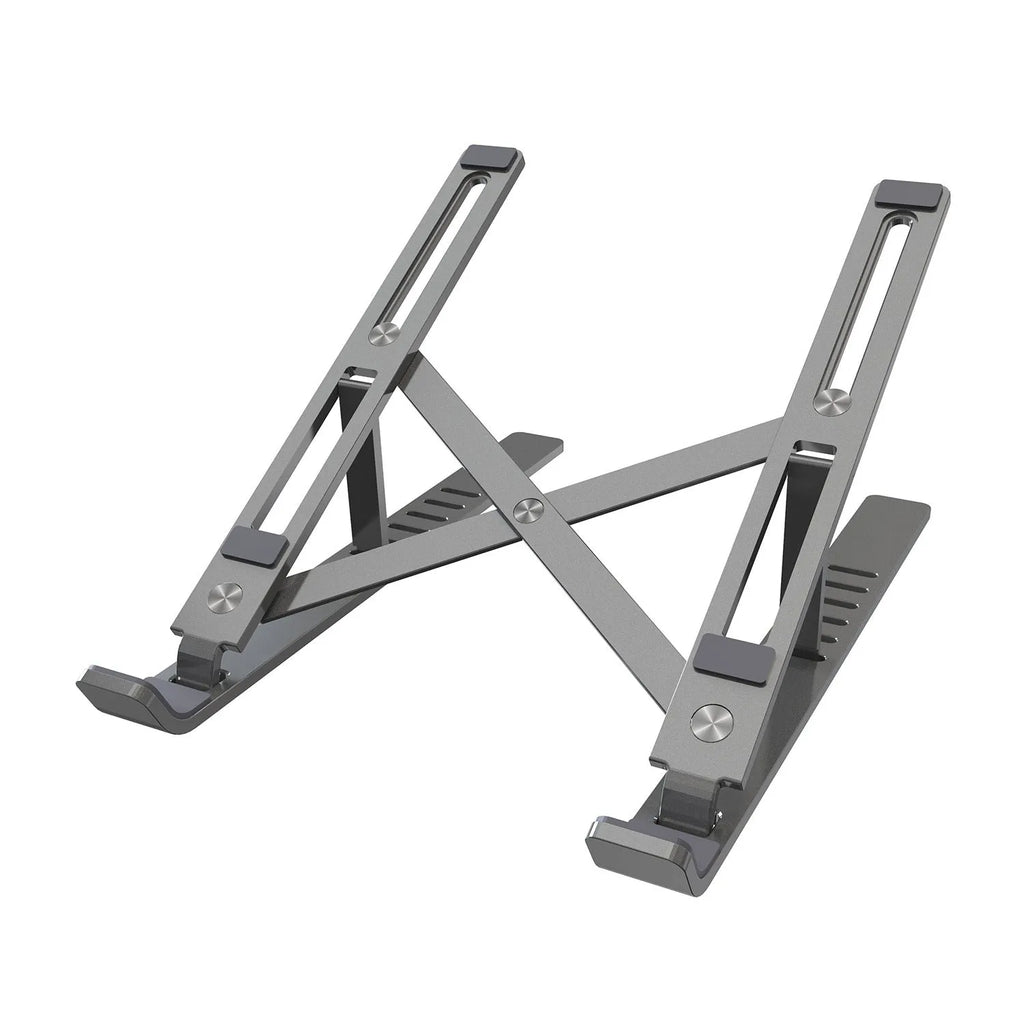 Silver aluminium alloy laptop stand in folded position showing adjustment gears