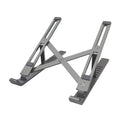 Silver aluminium alloy laptop stand in folded position showing adjustment gears