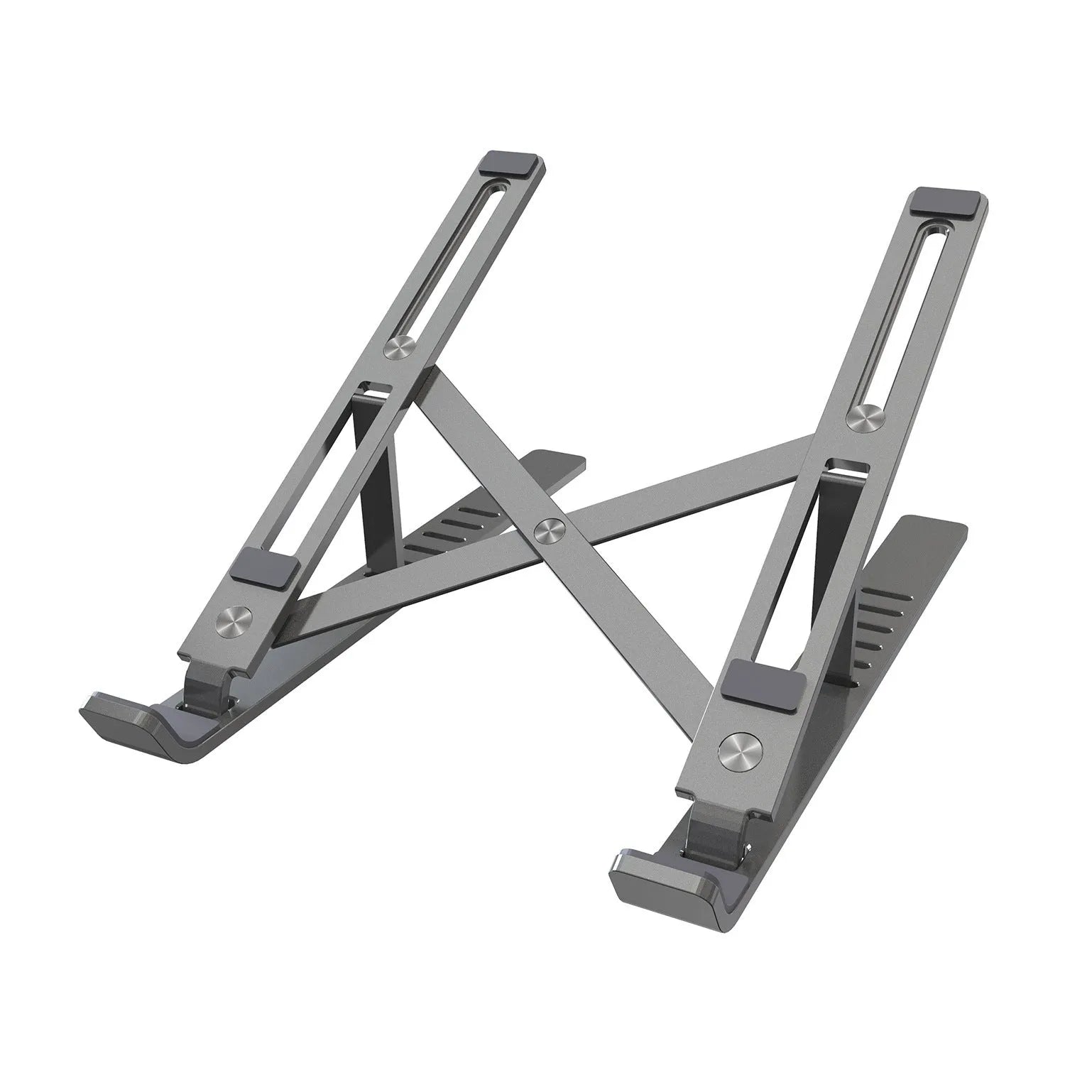 Silver aluminium alloy laptop stand in folded position showing adjustment gears