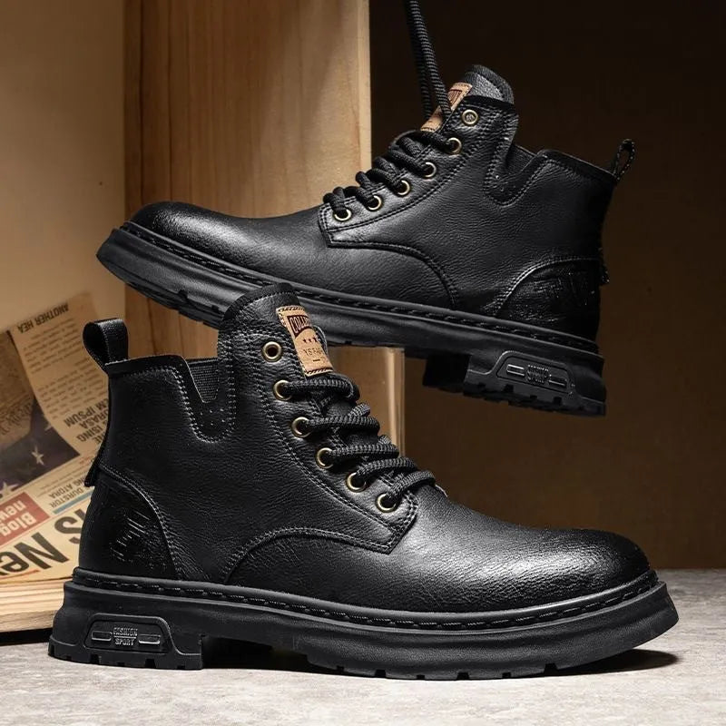 Retro British style Martin ankle boots for men round toe solid colour artificial PU leather black brown sizes 39-44