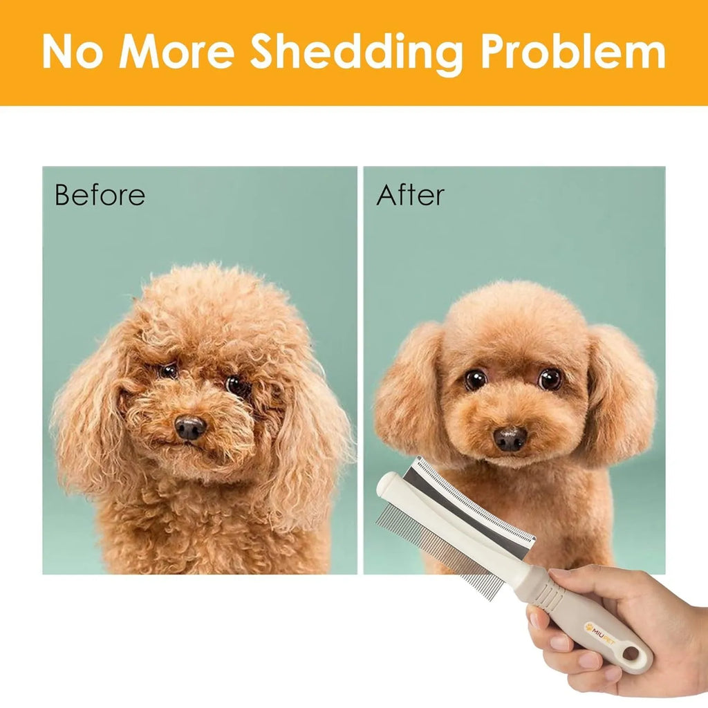 White double-sided dog and cat grooming brush showing curved comb and deshedding blade heads.
