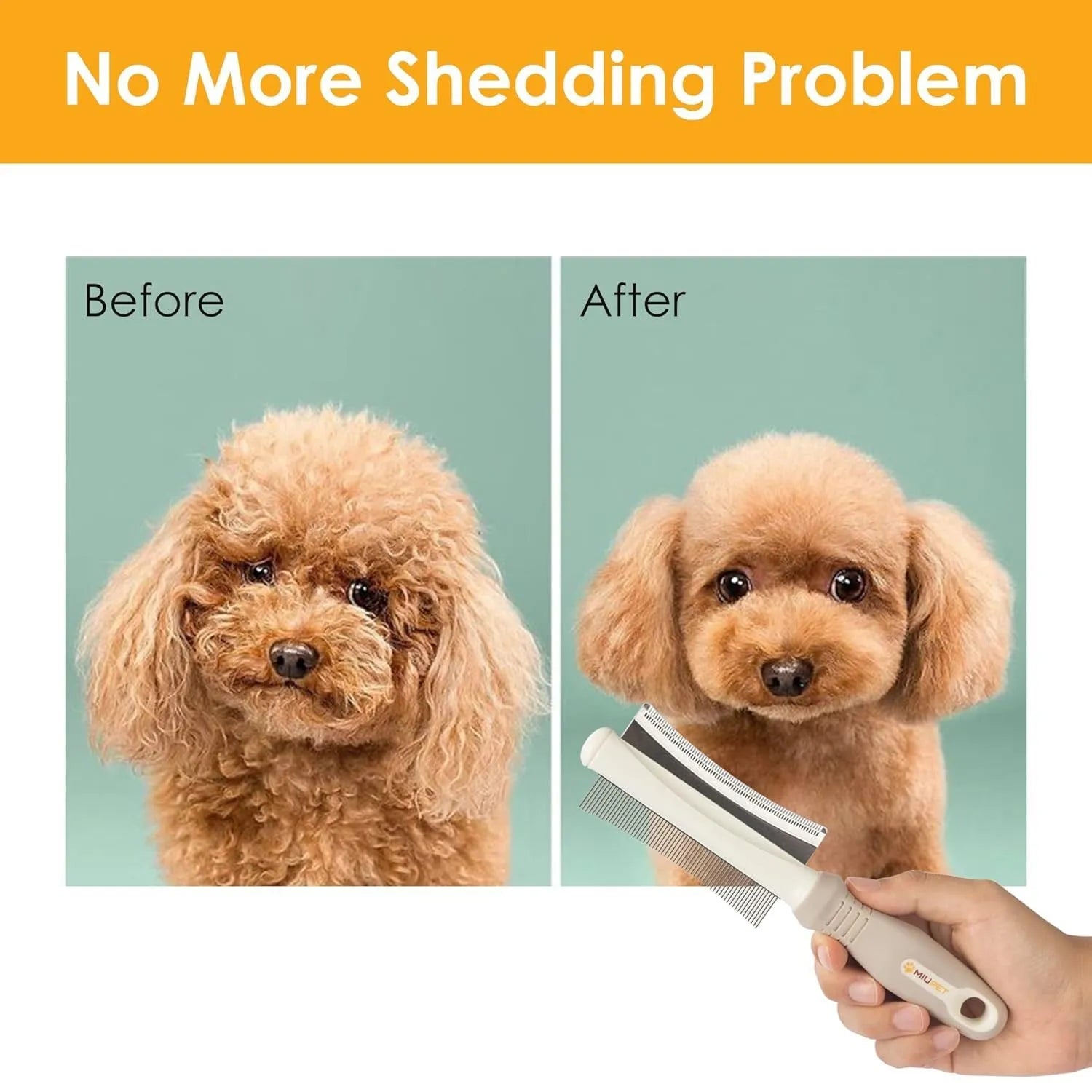 White double-sided dog and cat grooming brush showing curved comb and deshedding blade heads.