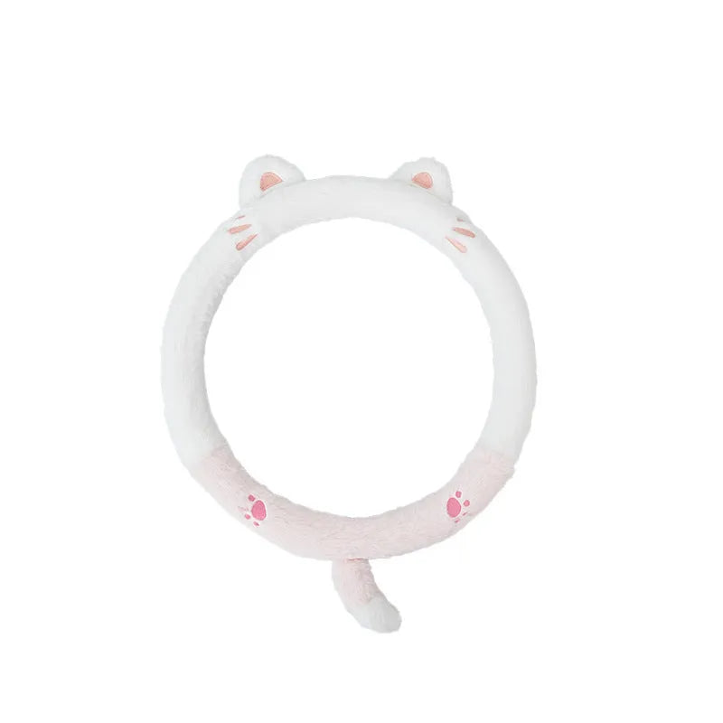 Plush thermal car steering wheel cover with rabbit fur embroidered cartoon design, 38cm diameter