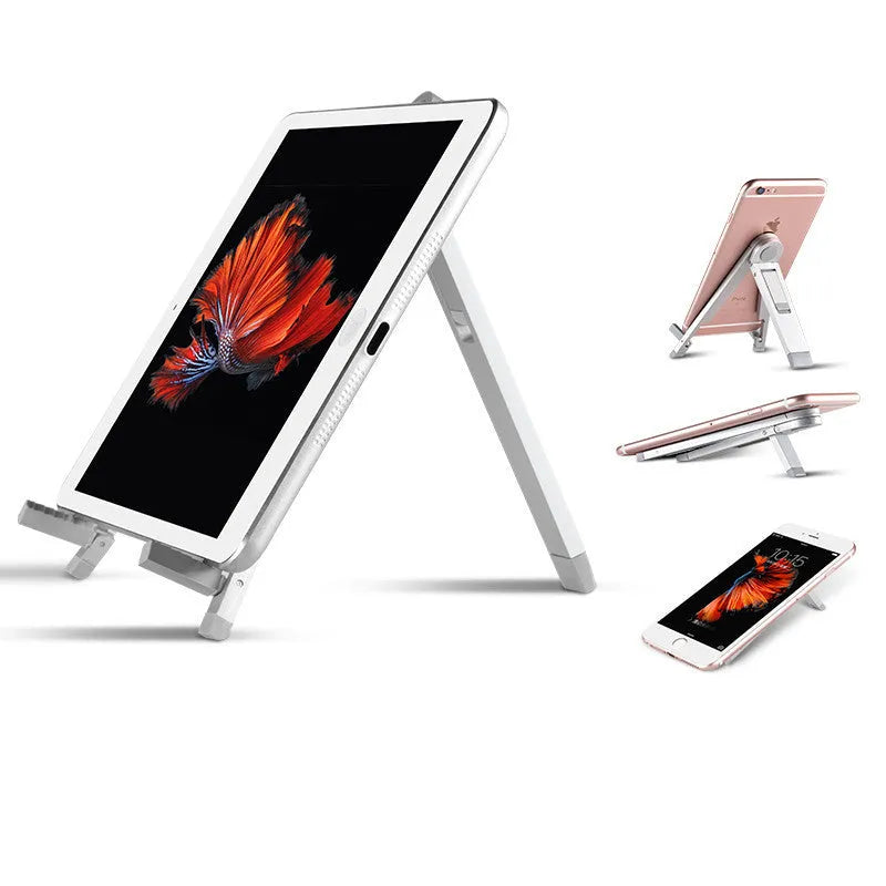 Silver metal adjustable triangle stand holding a mobile phone on a flat desktop