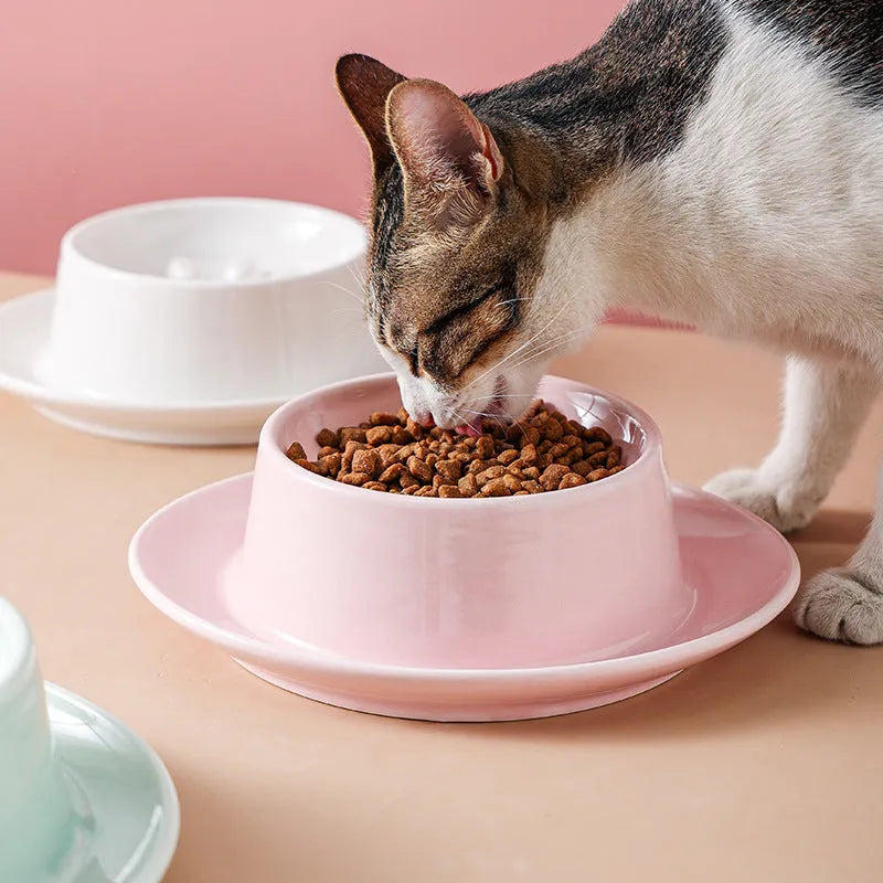 Green ceramic slow feed pet bowl with internal ridges and a raised centre on a white surface.