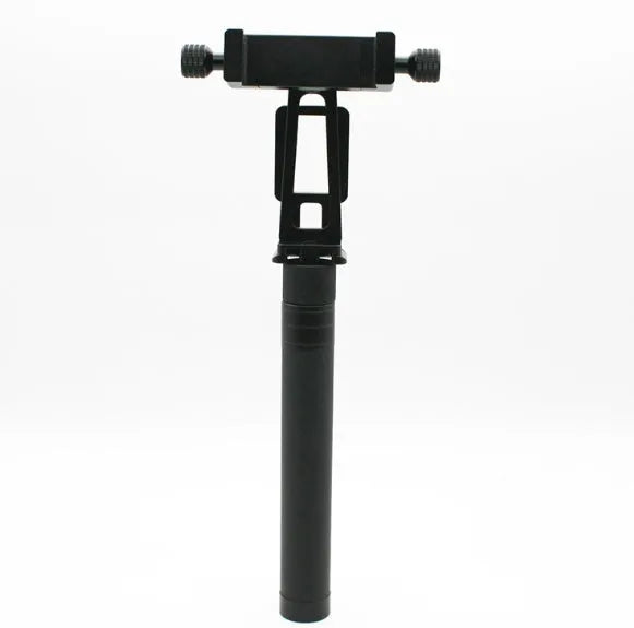 Black retractable aluminium selfie stick extended with phone attached, showing Bluetooth remote and tripod stand.