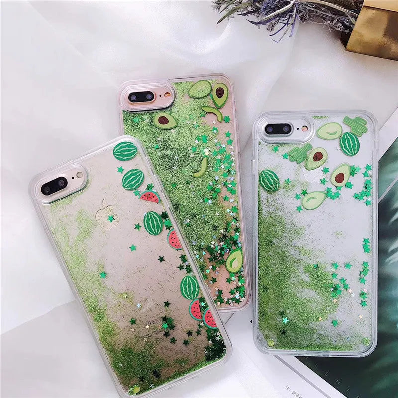 Avocado quicksand rhinestone back cover phone case for iPhone, three colour options, TPU PU construction