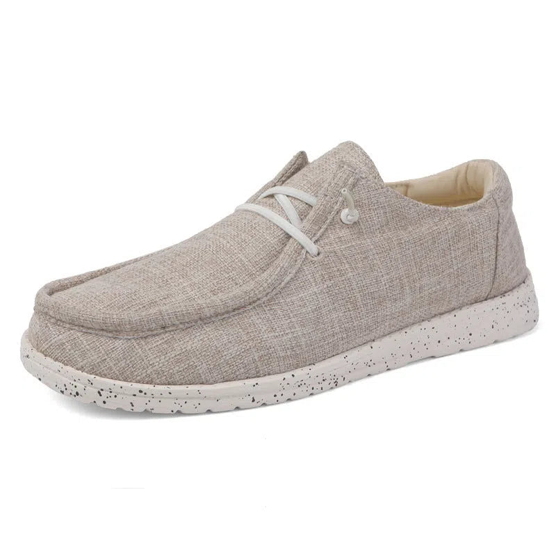Men's canvas casual loafers in solid colour, flat heel, round toe, low top design