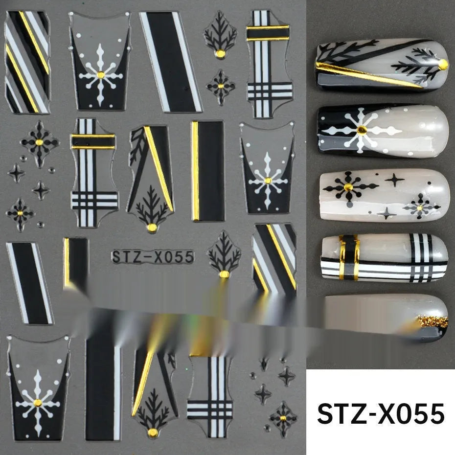 Black and silver stripe nail art sticker with a love pattern design on a plastic sheet.