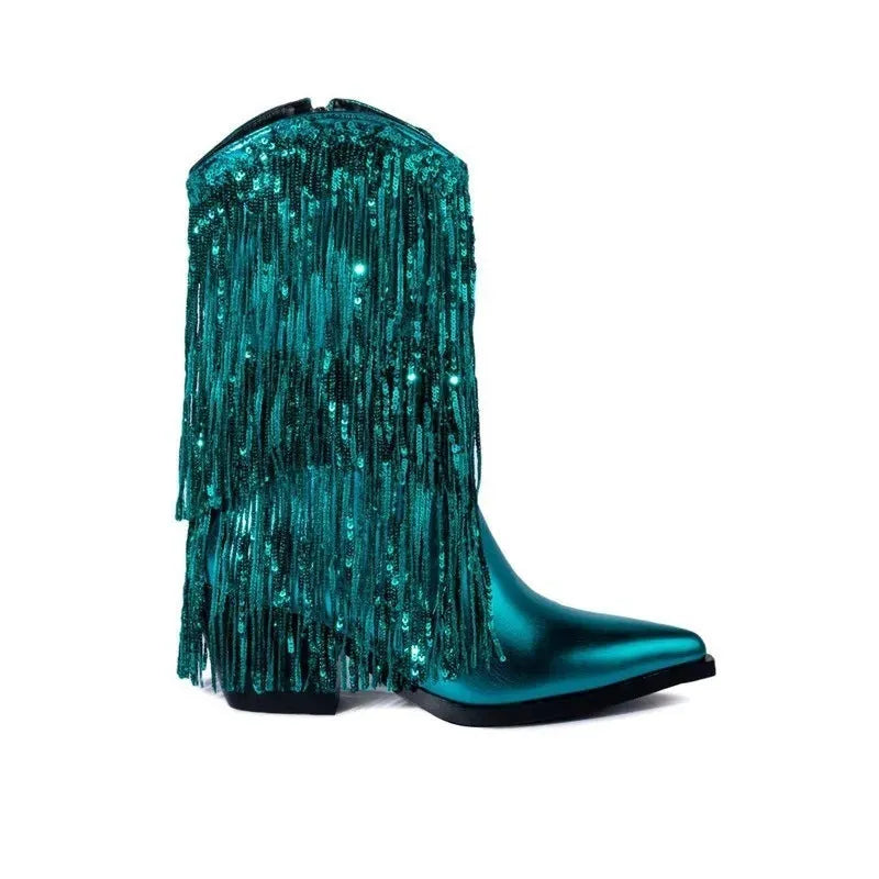 Women's black chunky heel ankle boots with tassel detail and super high stiletto heels.