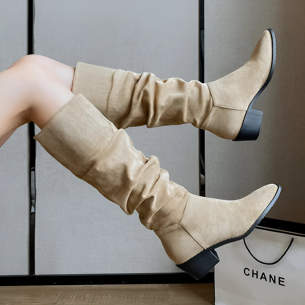 French mid-calf khaki suede western boots with height-increasing insole 5cm cloth lining