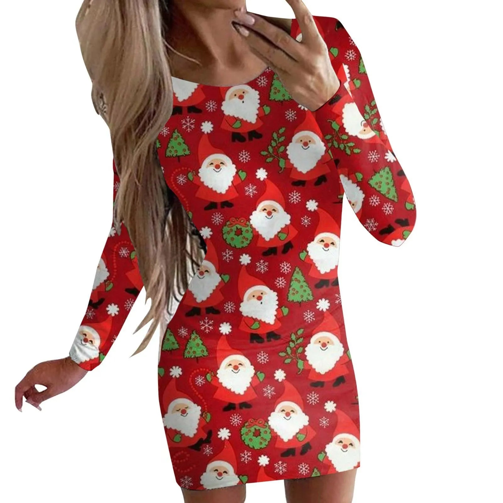 Christmas printed round neck long sleeve narrow dress with animal pattern and colourful flower design