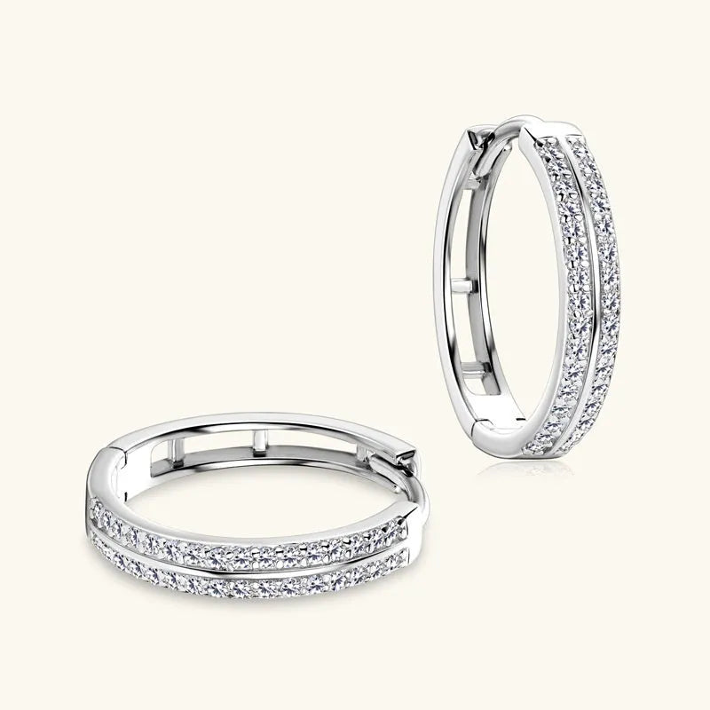 Sterling silver moissanite earrings with geometric double ring and tassel design, Gold or White finish