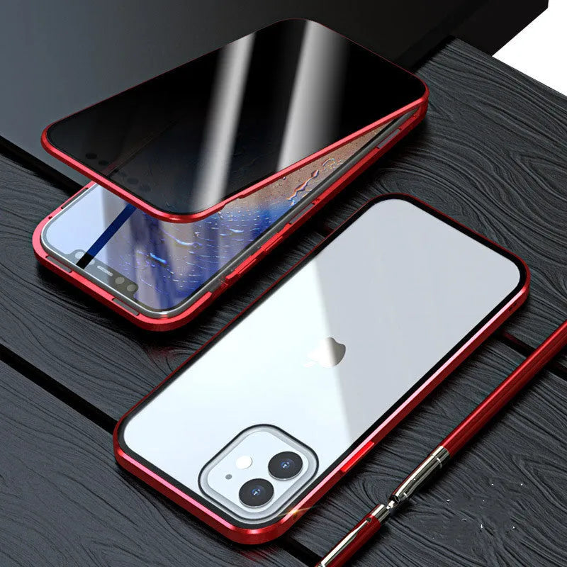 Magnetic privacy glass iPhone case in black showing anti-peeping screen protection feature